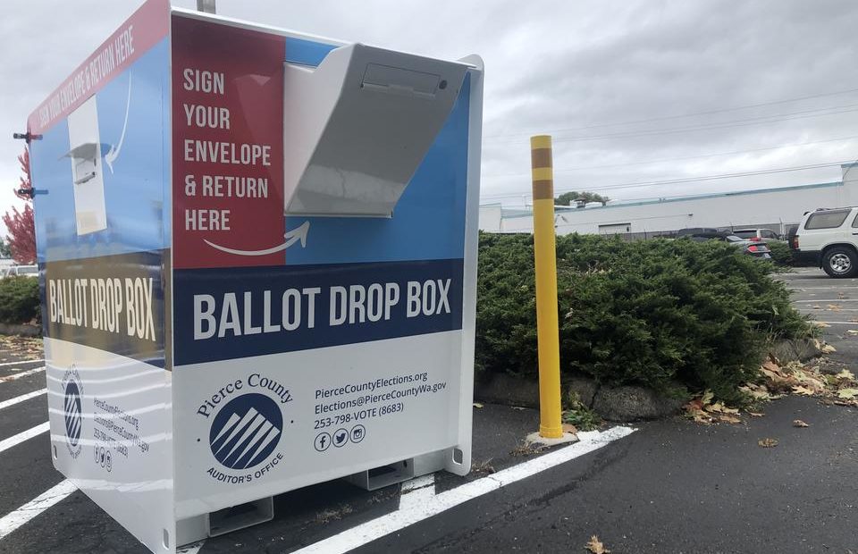 This ballot drop box in Pierce County is an example of one of the quarter-inch thick steel ballot drop boxes that local elections officials commissioned and designed with security in mind. CREDIT: Melissa Santos/Crosscut