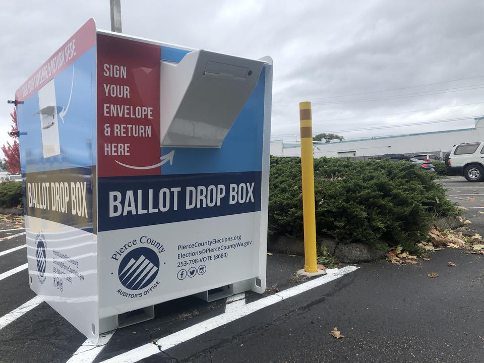 This ballot drop box in Pierce County is an example of one of the quarter-inch thick steel ballot drop boxes that local elections officials commissioned and designed with security in mind. CREDIT: Melissa Santos/Crosscut