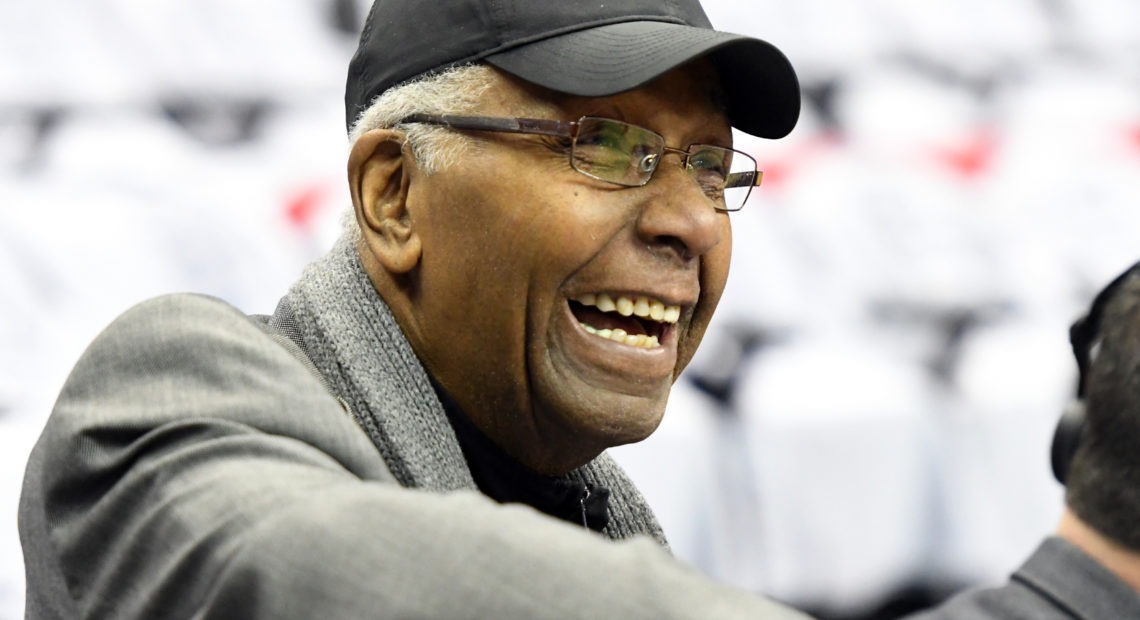 Former Georgetown Hoyas men's basketball coach John Thompson Jr., shown here at a game in 2019, has died. He was 78. CREDIT: Mitchell Layton/Getty Images