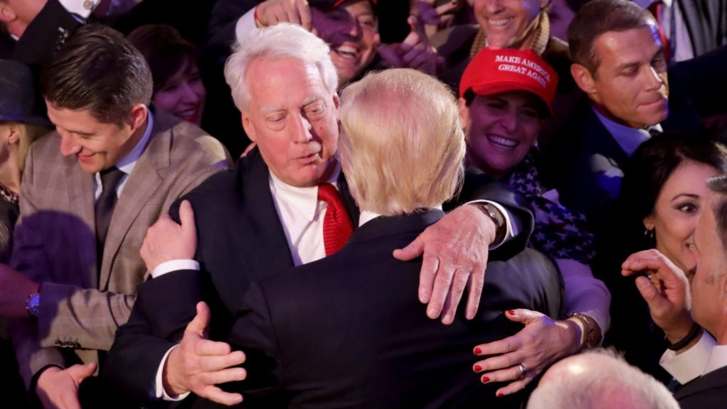 Republican president-elect Donald Trump hugs his brother Robert Trump after delivering his acceptance speech at the New York Hilton Midtown in the early morning hours of Nov. 9, 2016, in New York City. Chip Somodevilla/Getty Images