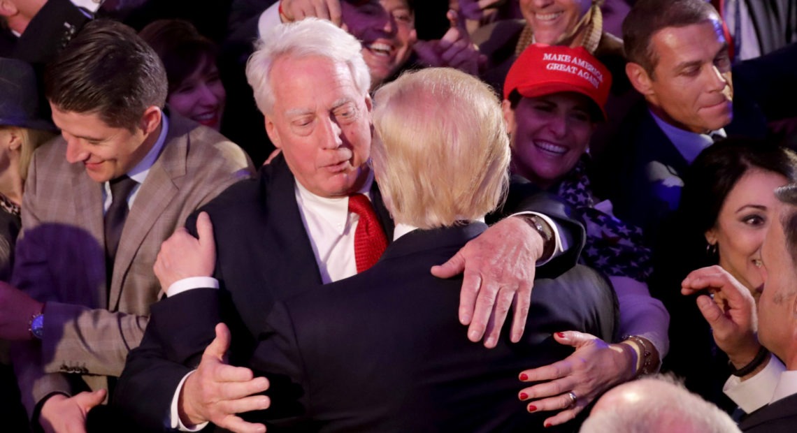 Republican president-elect Donald Trump hugs his brother Robert Trump after delivering his acceptance speech at the New York Hilton Midtown in the early morning hours of Nov. 9, 2016, in New York City. Chip Somodevilla/Getty Images