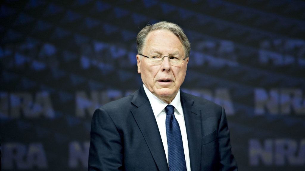 NRA CEO Wayne LaPierre stands on stage at the NRA annual meeting in Dallas, Texas, on May 5, 2018. The New York attorney general announced Thursday she will launch a civil action to dissolve the association. Daniel Acker/Bloomberg via Getty Images