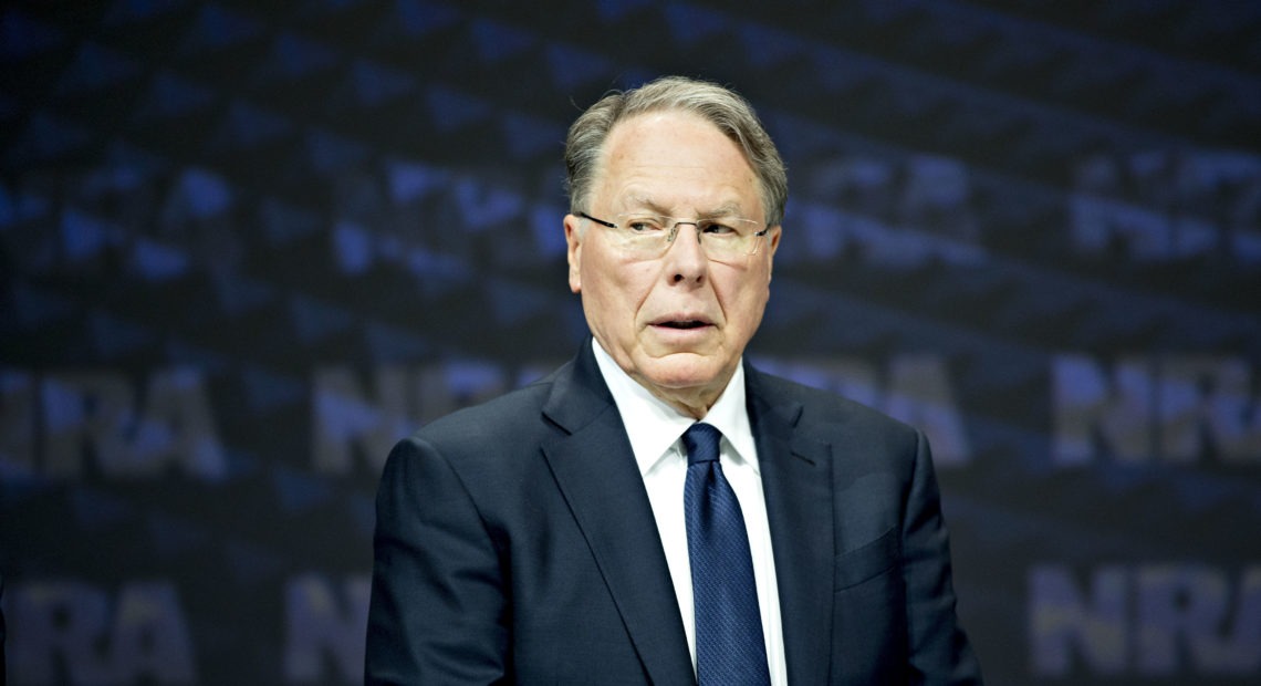NRA CEO Wayne LaPierre stands on stage at the NRA annual meeting in Dallas, Texas, on May 5, 2018. The New York attorney general announced Thursday she will launch a civil action to dissolve the association. Daniel Acker/Bloomberg via Getty Images