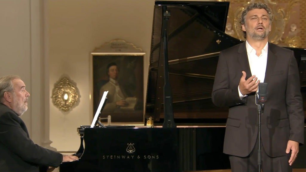 Tenor Jonas Kaufmann, with pianist Helmut Deutsch, in recital at a Baroque abbey in Bavaria. The performance was part of the Metropolitan Opera's new live streaming series. CREDIT: Metropolitan Opera
