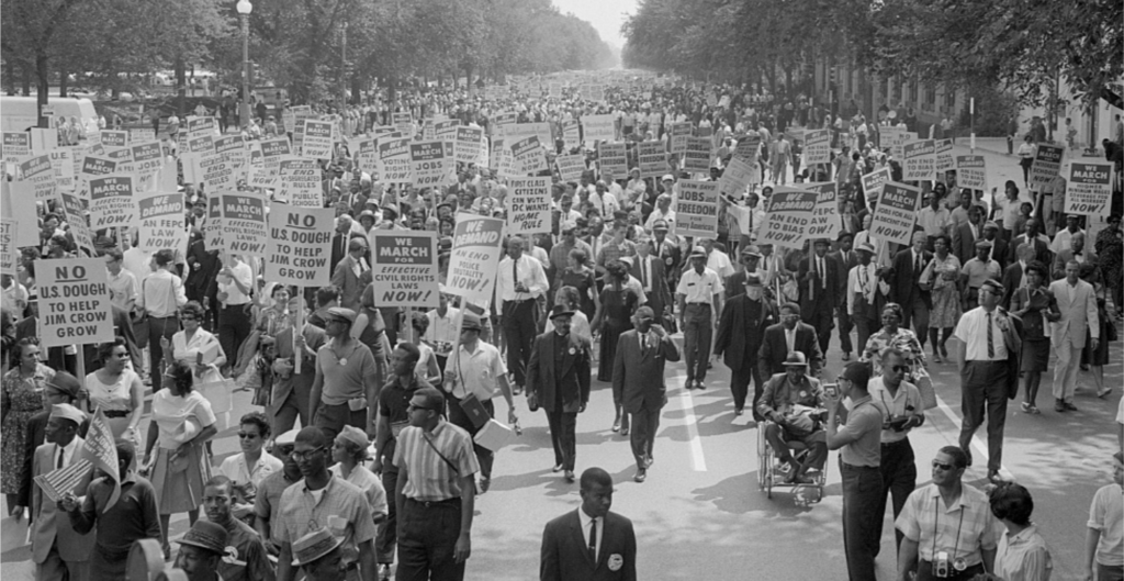 A scene from the original March on Washington, where Rev. Martin Luther King Jr., delivered his iconic "I Have A Dream Speech" in 1963. Demonstrators will again gather in Washington on Friday to call for racial justice and police reform. CREDIT: Warren K. Leffler/Library of Congress