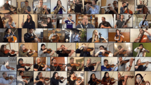 "I got a lot of emails after we posted our first video," says violinist Dr. Erica Hardy. She says the orchestra's virtual performances are a way to give back to the community. Screenshot by NPR