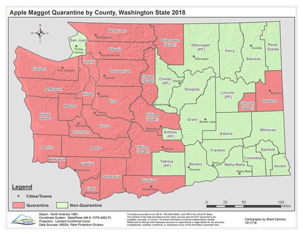 Tree-fruit from most of western Washington, and Spokane County in eastern Washington, is banned from transport into and through eastern Washington counties due to the potential for apple maggot spread in the state's apple-growing region. CREDIT: Washington Dept. of Agriculture