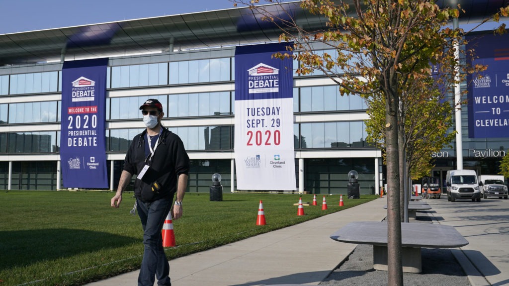 Preparations take place for the first Presidential debate outside the Sheila and Eric Samson Pavilion, Sunday, Sept. 27, 2020, in Cleveland. The first debate between President Donald Trump and Democratic presidential candidate, former Vice President Joe Biden is scheduled to take place Tuesday, Sept. 29. CREDIT: Patrick Semansky/AP