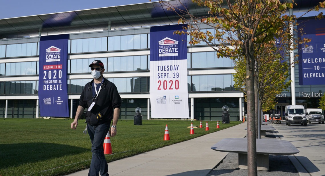 Preparations take place for the first Presidential debate outside the Sheila and Eric Samson Pavilion, Sunday, Sept. 27, 2020, in Cleveland. The first debate between President Donald Trump and Democratic presidential candidate, former Vice President Joe Biden is scheduled to take place Tuesday, Sept. 29. CREDIT: Patrick Semansky/AP
