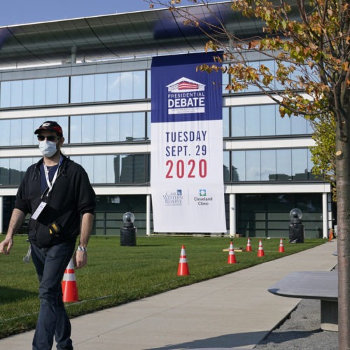 Preparations take place for the first Presidential debate outside the Sheila and Eric Samson Pavilion, Sunday, Sept. 27, 2020, in Cleveland. The first debate between President Donald Trump and Democratic presidential candidate, former Vice President Joe Biden is scheduled to take place Tuesday, Sept. 29. CREDIT: Patrick Semansky/AP