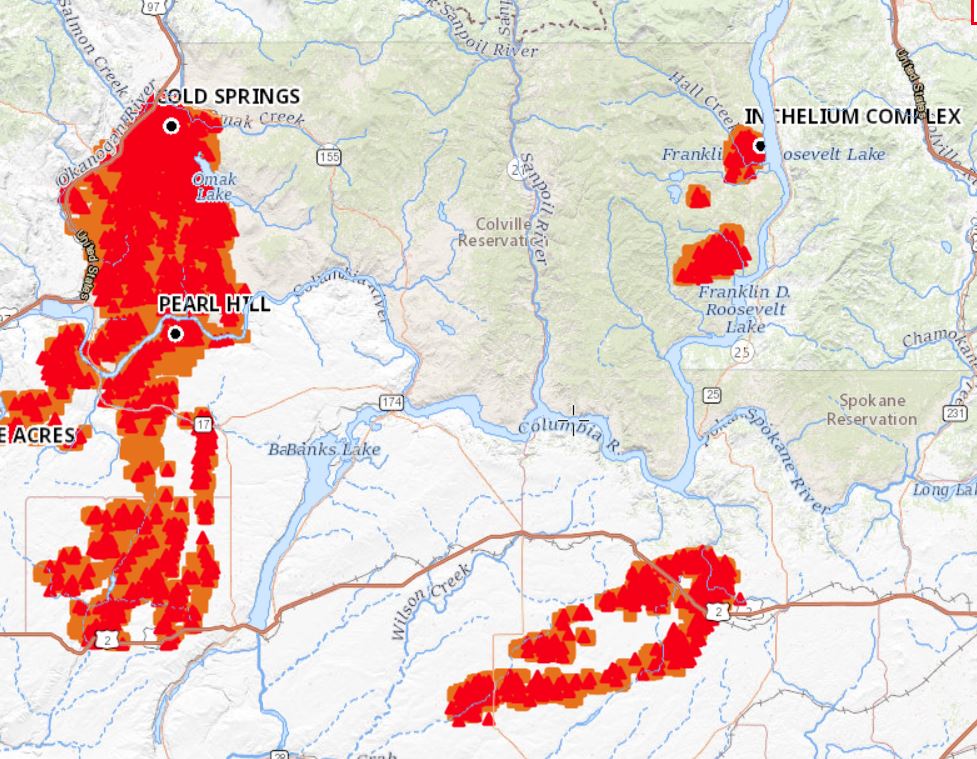 The reservation of the Colville Confederated Tribes is bound on several sides by the Columbia River. The Cold Springs Fire spread across its western side on Labor Day 2020, while smaller timber fires broke out around Inchelium on the eastern side. This approximate fire map shows heat sources from early on Sept. 8, 2020. CREDIT: GIS Surfer/MappingSupport.com