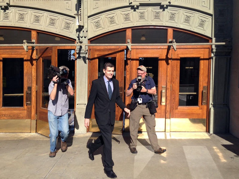 Former WA State Auditor Troy Kelley leaves the federal courthouse in Tacoma in 2016. Kelley's attorney says he plans to ask the U.S. Supreme Court to review Kelley's conviction. CREDIT: Austin Jenkins/N3