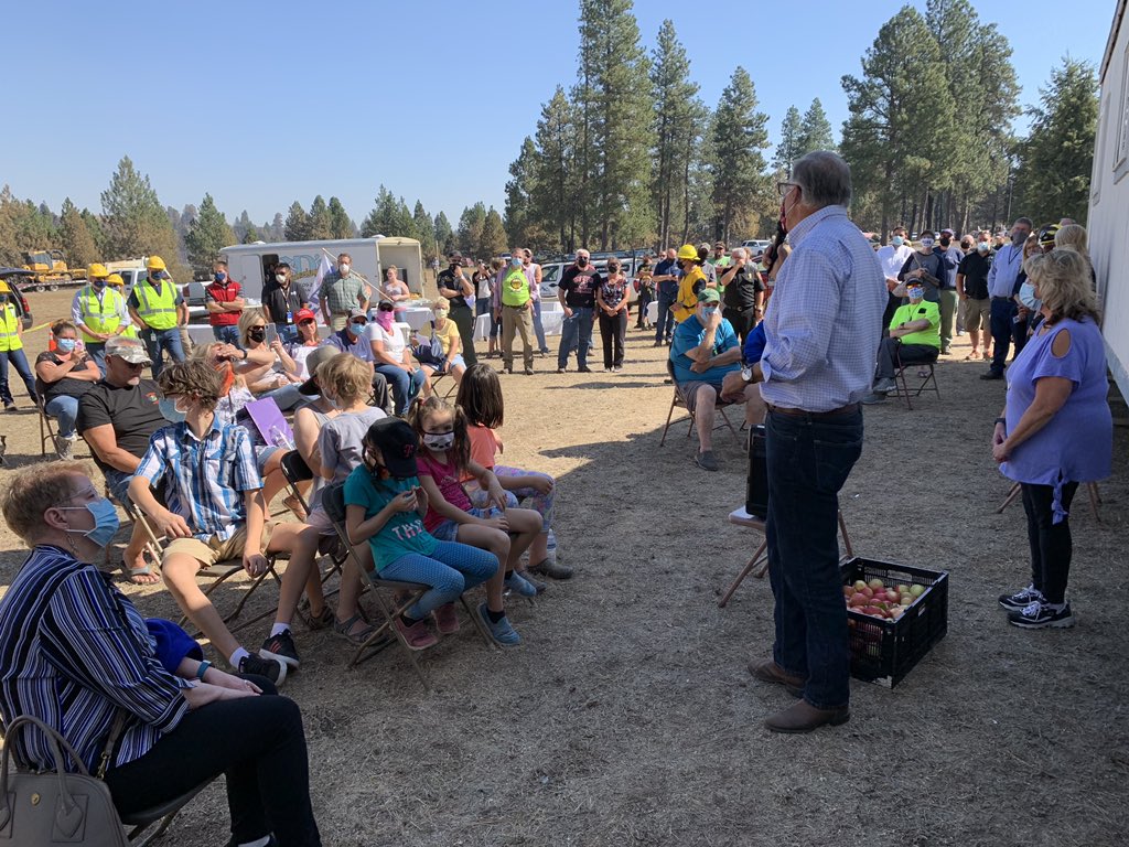 Washington Gov. Jay Inslee toured and spoke to residents of Malden on Thursday, Sept. 10, three days after a fire destroyed much of the small Whitman County farming community. CREDIT: Governor's Office