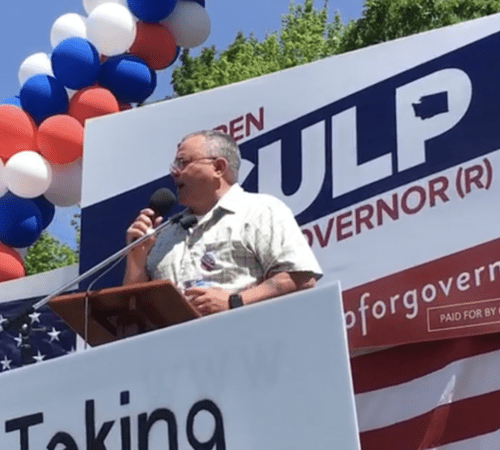 Republican candidate for Washington governor Loren Culp speaks at a protest rally in May 2020. CREDIT: Austin Jenkins/N3