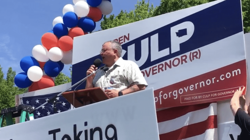 Republican candidate for Washington governor Loren Culp speaks at a protest rally in May 2020. CREDIT: Austin Jenkins/N3