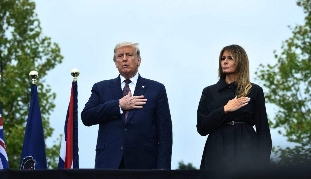 President Trump and first lady Melania Trump attend a ceremony commemorating the 19th anniversary of the Sept. attacks in Shanksville, Pa., on Friday. CREDIT: Brendan Smialowski/AFP via Getty Images