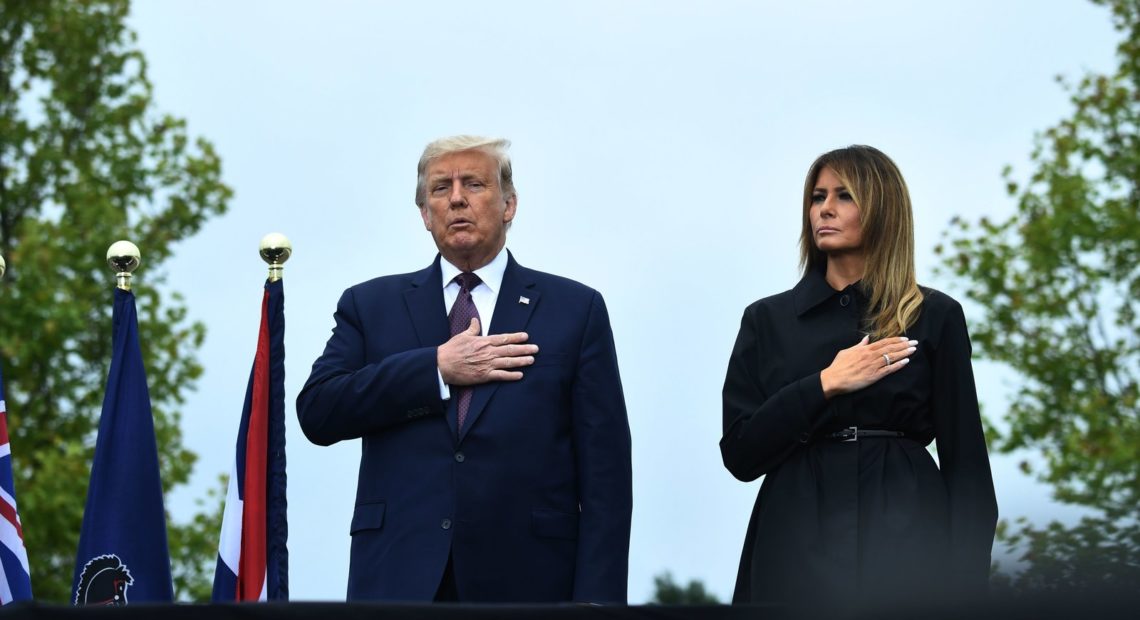 President Trump and first lady Melania Trump attend a ceremony commemorating the 19th anniversary of the Sept. attacks in Shanksville, Pa., on Friday. CREDIT: Brendan Smialowski/AFP via Getty Images