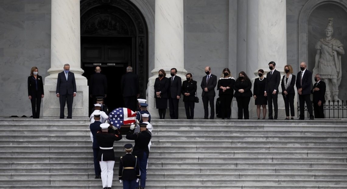 The flag-draped coffin of the late Supreme Court Justice Ruth Bader Ginsburg arrives to the U.S. Capitol where she will lie in state for two hours in Washington, D.C. Cheryl Diaz Meyer for NPR