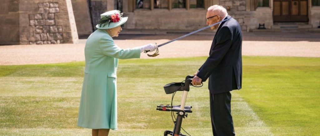 In July, Queen Elizabeth conferred knighthood on World War II veteran Capt. Tom Moore at Windsor Castle. CREDIT: Royal.UK
