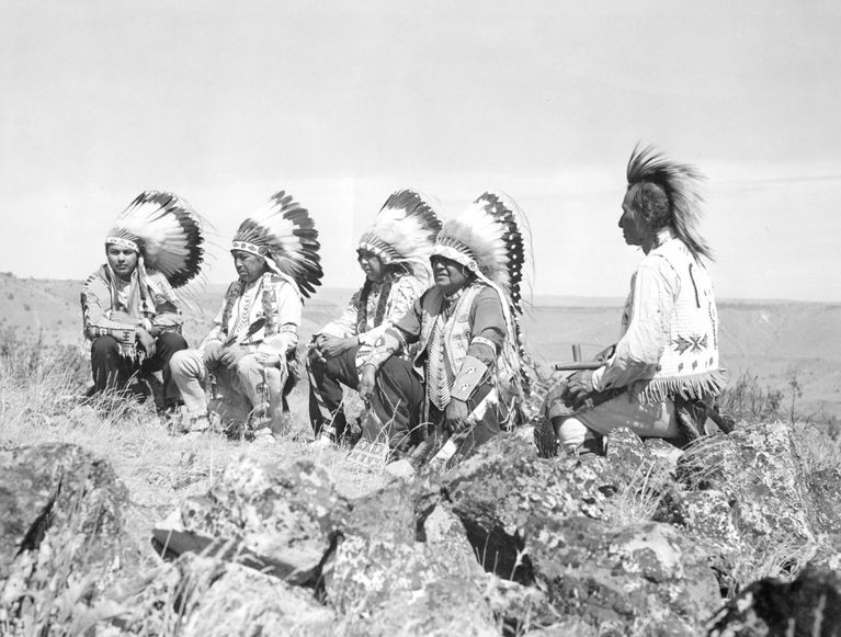Warm Springs first tribal council in 1928. From left to right: George Meachum, Isaac McKinley, Charley McKinley, Nathan Heath and Jackson Culps. Courtesy of The Museum at Warm Springs