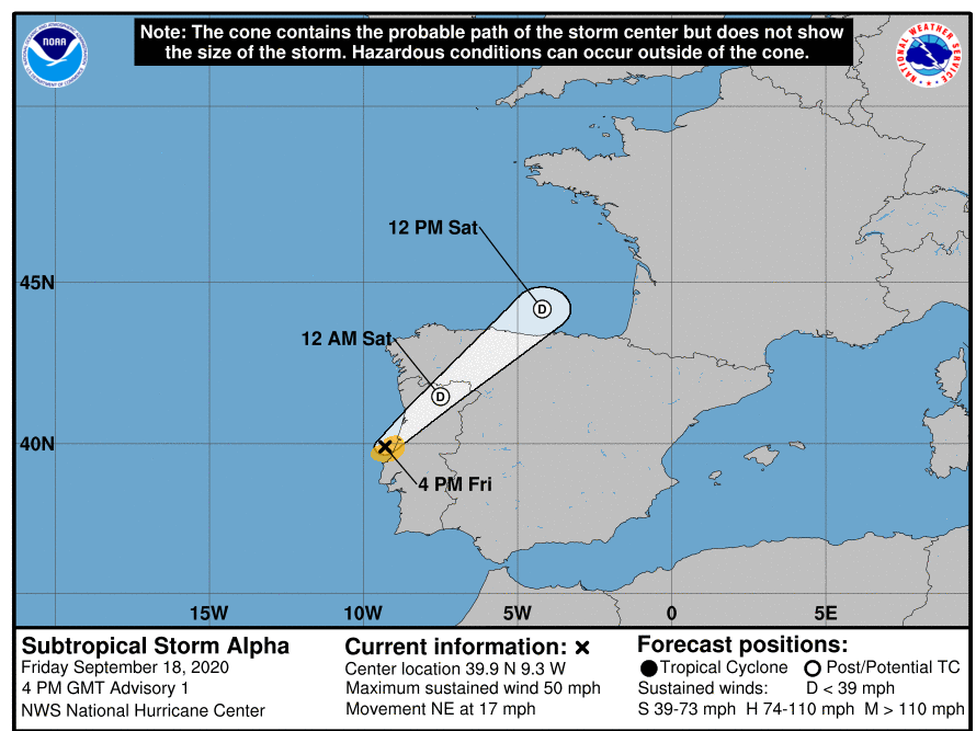 Subtropical Storm Alpha has formed off the coast of Portugal and is expected to be a short-lived storm, according to the National Hurricane Center. Courtesy of NOAA