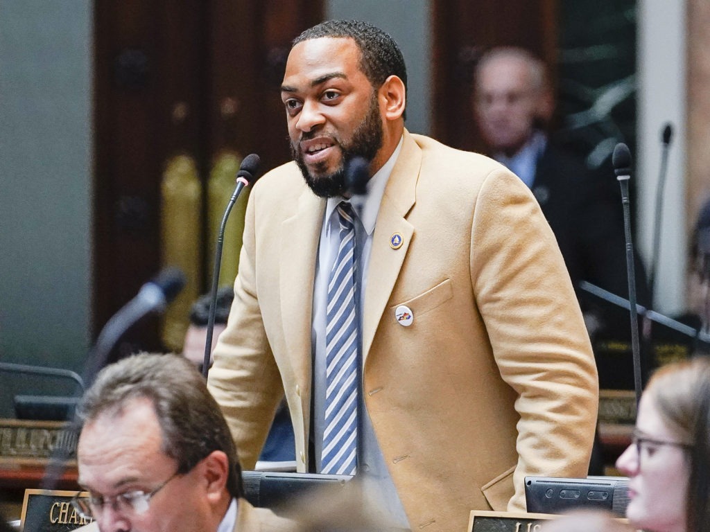 Kentucky Democratic State Sen. Charles Booker advocates for the passage of Kentucky HB-12 on the floor of the House of Representatives in the State Capitol, Frankfort, Ky., on Feb. 19, 2020. CREDIT: Bryan Woolston/AP