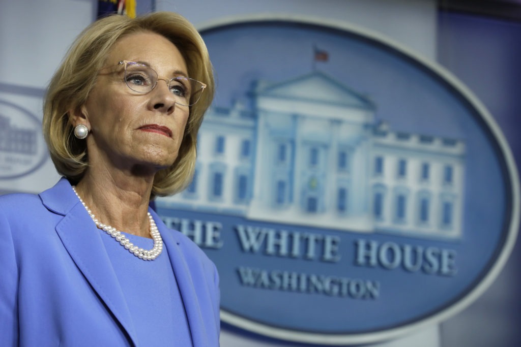 U.S. Education Secretary Betsy DeVos backed a rule that would have increased private schools' share of CARES Act dollars from $127 million to $1.5 billion, according to one analysis. CREDIT: Yuri Gripas/Abaca Press/Bloomberg via Getty Images