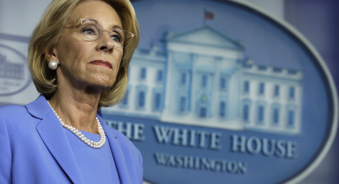 U.S. Education Secretary Betsy DeVos backed a rule that would have increased private schools' share of CARES Act dollars from $127 million to $1.5 billion, according to one analysis. CREDIT: Yuri Gripas/Abaca Press/Bloomberg via Getty Images