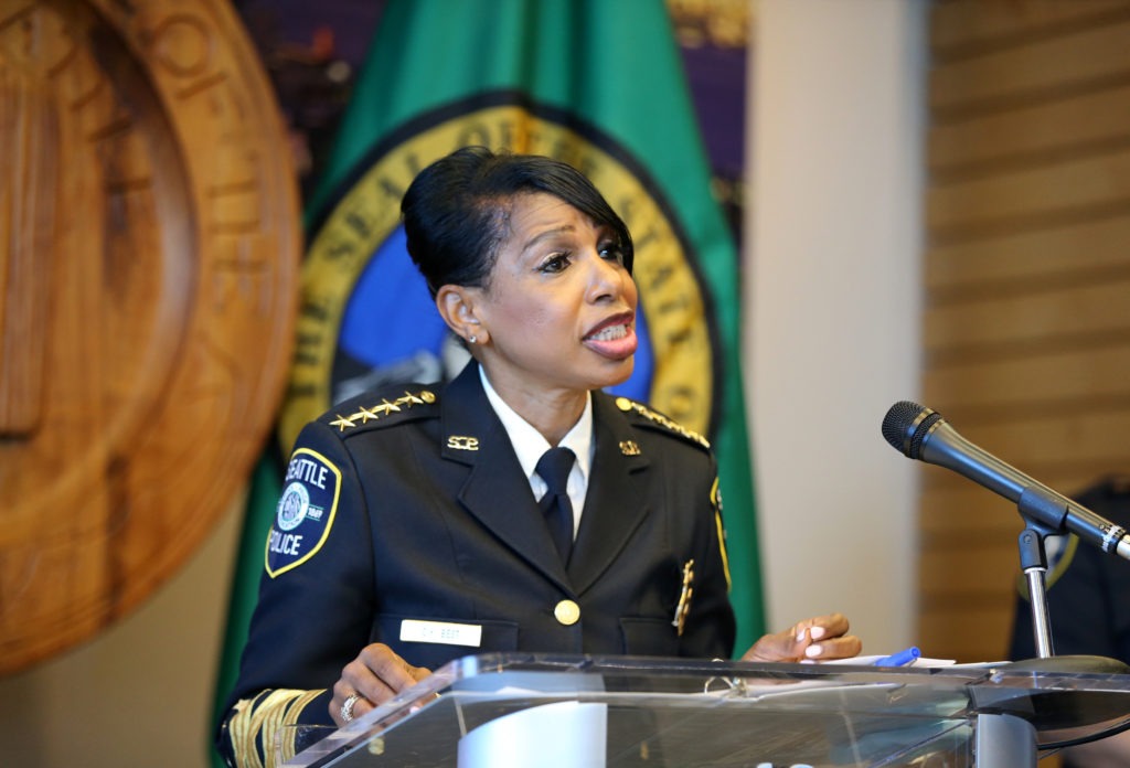 Seattle Police Chief Carmen Best announces her resignation at a press conference at Seattle City Hall on Aug. 11. Her departure comes after months of protests against police brutality and votes by the city council to defund her department. CREDIT: Karen Ducey/Getty Images