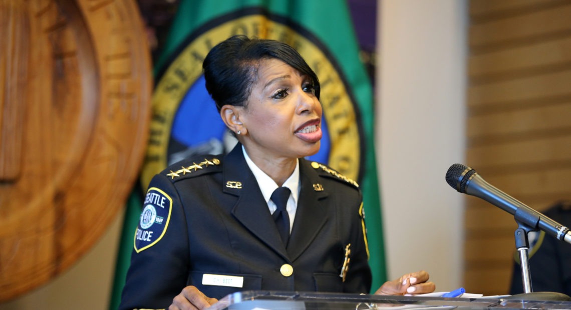 Seattle Police Chief Carmen Best announces her resignation at a press conference at Seattle City Hall on Aug. 11. Her departure comes after months of protests against police brutality and votes by the city council to defund her department. CREDIT: Karen Ducey/Getty Images