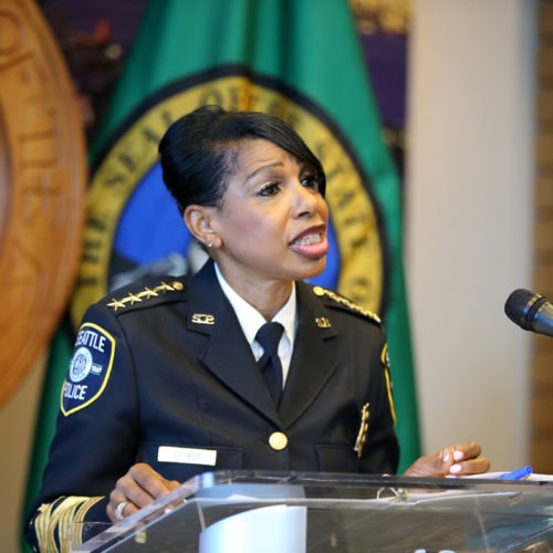 Seattle Police Chief Carmen Best announces her resignation at a press conference at Seattle City Hall on Aug. 11. Her departure comes after months of protests against police brutality and votes by the city council to defund her department. CREDIT: Karen Ducey/Getty Images