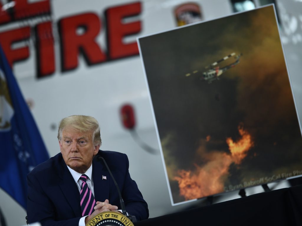 President Trump speaks Monday during a briefing on wildfires in McClellan Park, Calif. Brendan Smialowski/AFP via Getty Images