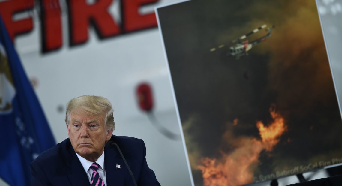 President Trump speaks Monday during a briefing on wildfires in McClellan Park, Calif. Brendan Smialowski/AFP via Getty Images