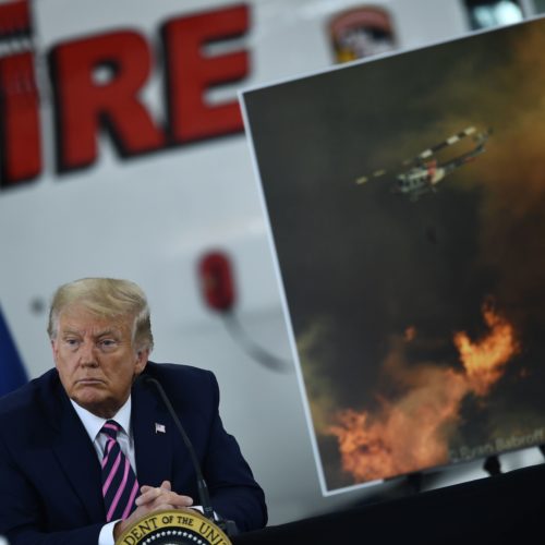 President Trump speaks Monday during a briefing on wildfires in McClellan Park, Calif. Brendan Smialowski/AFP via Getty Images