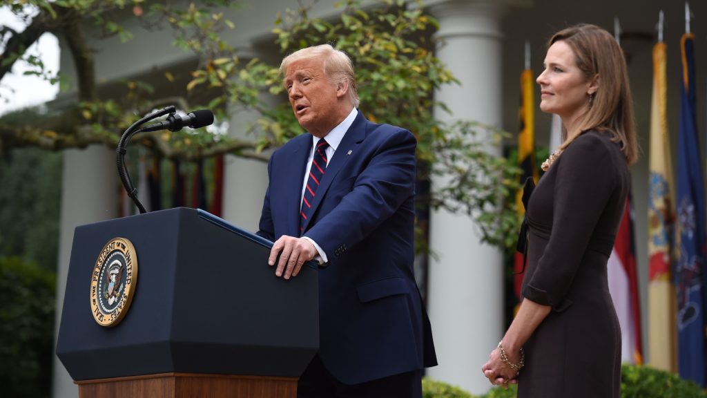 President Trump announces his Supreme Court nominee, Judge Amy Coney Barrett, in the Rose Garden of the White House on Saturday. Olivier Douliery/AFP via Getty Images