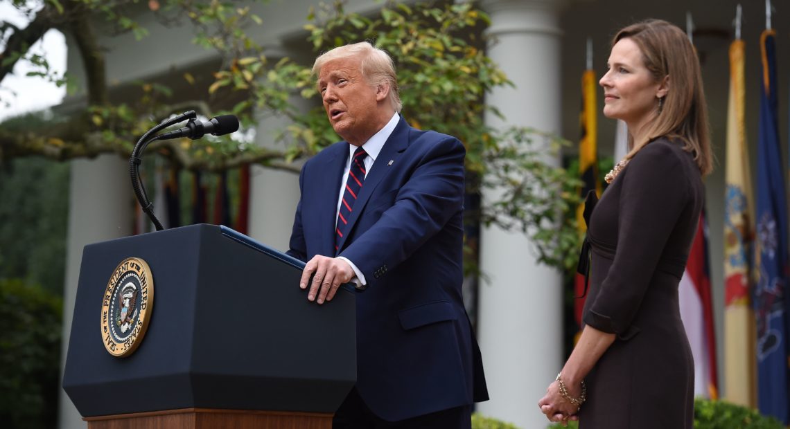 President Trump announces his Supreme Court nominee, Judge Amy Coney Barrett, in the Rose Garden of the White House on Saturday. Olivier Douliery/AFP via Getty Images