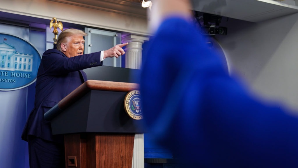 President Trump takes a question during a news conference at the White House on Sunday, where he dismissed reporting from The New York Times that he has paid little or no federal income taxes in recent years as "fake news." CREDIT: Joshua Roberts/Getty Images