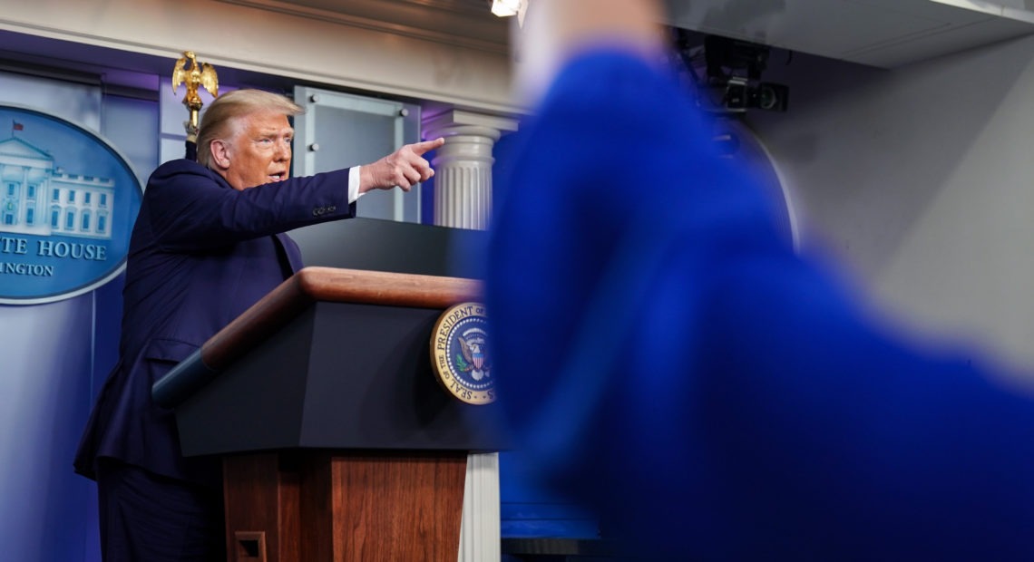 President Trump takes a question during a news conference at the White House on Sunday, where he dismissed reporting from The New York Times that he has paid little or no federal income taxes in recent years as "fake news." CREDIT: Joshua Roberts/Getty Images