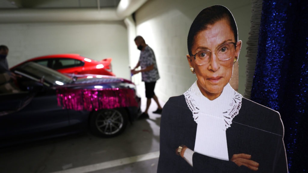 A cardboard cutout of Justice Ruth Bader Ginsburg. The late Supreme Court justice was also a pop culture phenomenon. CREDIT: Justin Sullivan/Getty Images