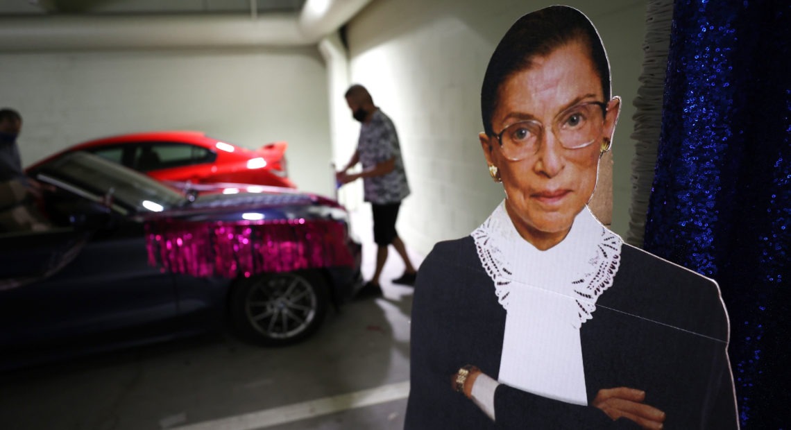 A cardboard cutout of Justice Ruth Bader Ginsburg. The late Supreme Court justice was also a pop culture phenomenon. CREDIT: Justin Sullivan/Getty Images