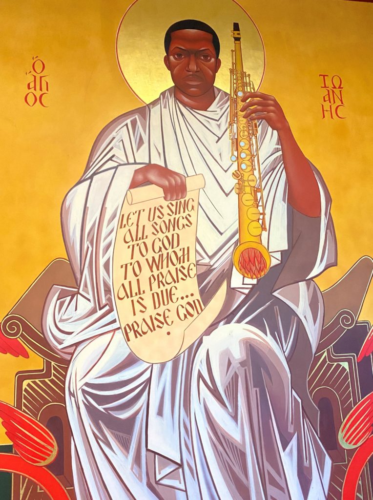 A Byzantine-style icon of John Coltrane at the church. The inscription to the left and right of Coltrane's body reads, in Greek, "St. John." CREDIT: Anastasia Tsioulcas/NPR