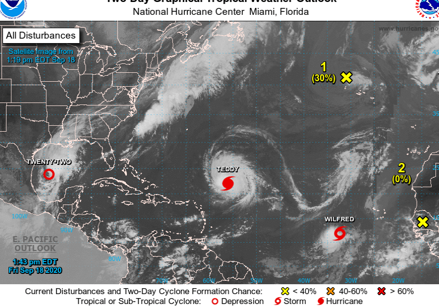 Satellite images of storms forming in the Atlantic Ocean. Tropical Storm Wilfred is the last named storm of the 2020 season using the English alphabet. Courtesy of NOAA
