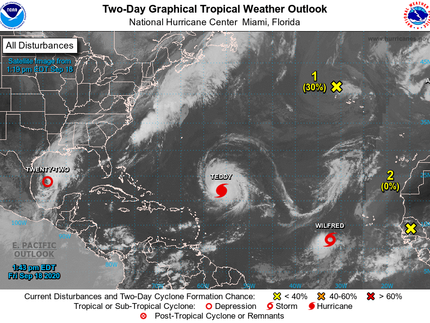 Satellite images of storms forming in the Atlantic Ocean. Tropical Storm Wilfred is the last named storm of the 2020 season using the English alphabet. Courtesy of NOAA