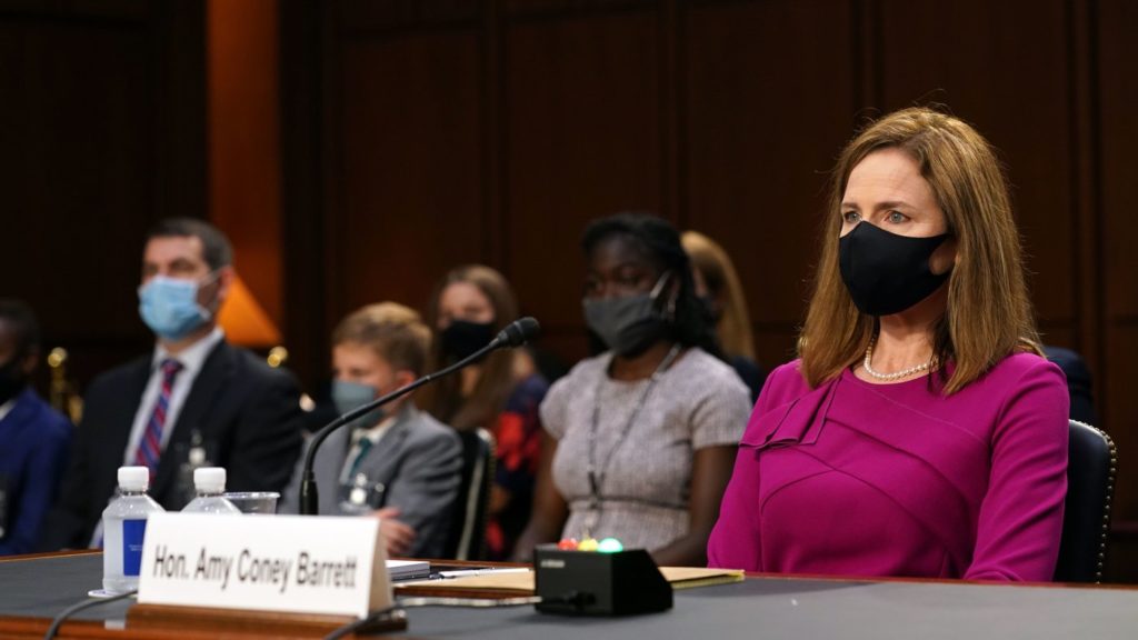 Judge Amy Coney Barrett, President Donald Trumps Supreme Court nominee, during the first day of her Senate confirmation hearing on Capitol Hill in Washington, DC on October 12, 2020. (Photo by Erin SCHAFF / POOL / AFP) (Photo by ERIN SCHAFF/POOL/AFP via Getty Images)