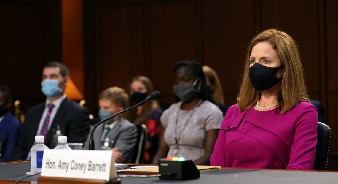 Judge Amy Coney Barrett, President Donald Trumps Supreme Court nominee, during the first day of her Senate confirmation hearing on Capitol Hill in Washington, DC on October 12, 2020. (Photo by Erin SCHAFF / POOL / AFP) (Photo by ERIN SCHAFF/POOL/AFP via Getty Images)