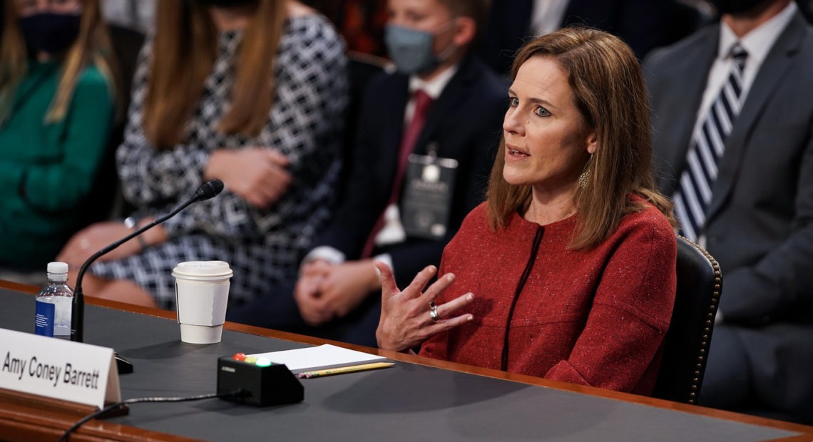 President Trump's Supreme Court nominee Judge Amy Coney Barrett testifies during the second day of her Senate Judiciary confirmation hearing on Tuesday. Greg Nash/Pool/Getty Images
