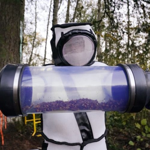 Sven Spichiger, Washington State Department of Agriculture managing entomologist, displays a canister of Asian giant hornets vacuumed from a nest in a tree behind him Saturday, Oct. 24, 2020, in Blaine, Wash. State agriculture scientists spent weeks searching, trapping and using dental floss to tie tracking devices to Asian giant hornets, which can deliver painful stings to people and spit venom but are the biggest threat to honeybees that farmers depend on to pollinate crops. CREDIT: Elaine Thompson/AP