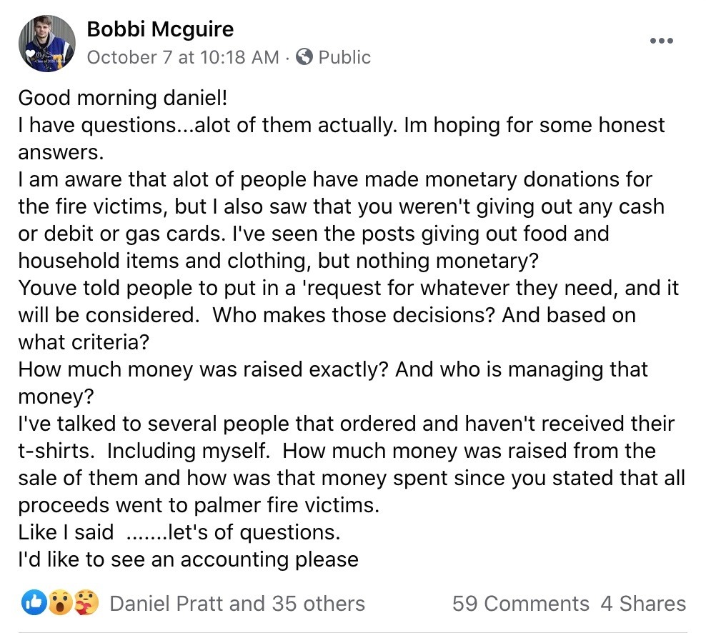 A question on Facebook for Okanogan Highlands Fire Watch to founder Daniel Pratt over the handling of donations and t-shirt money