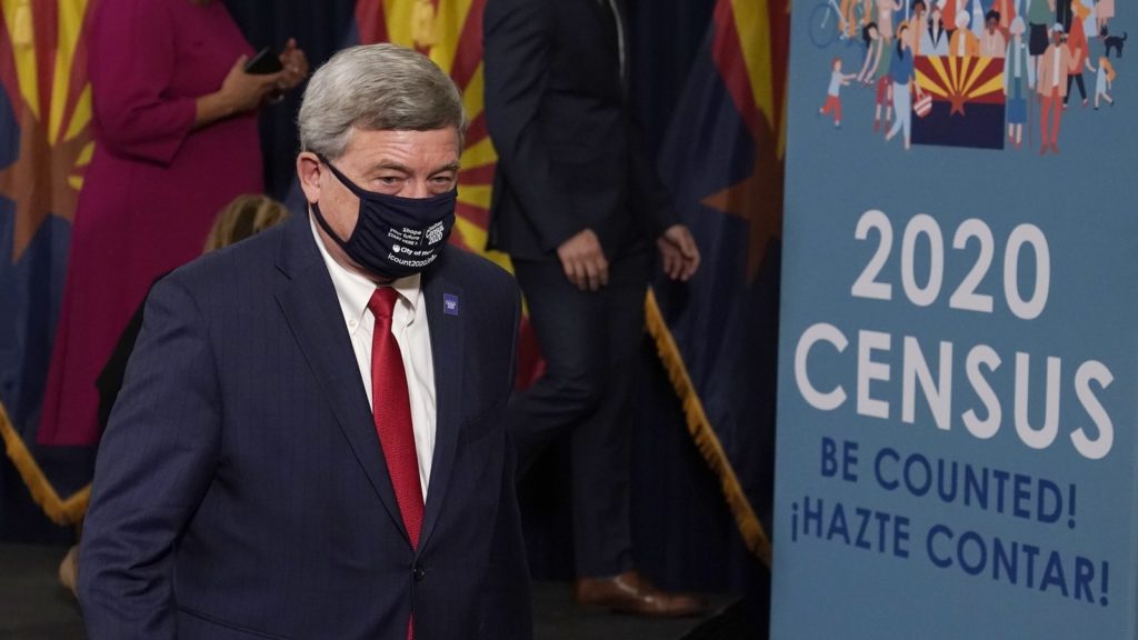 U.S. Census Bureau Director Steven Dillingham departs a news conference about the 2020 census last month in Phoenix. Ross D. CREDIT: Franklin/Pool/AP