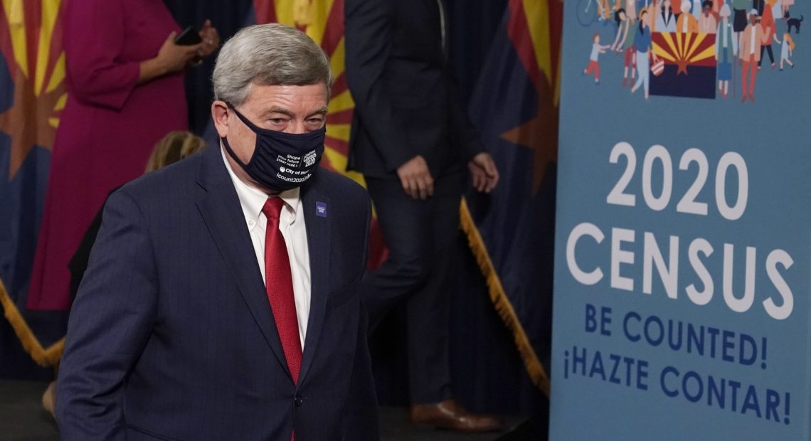 U.S. Census Bureau Director Steven Dillingham departs a news conference about the 2020 census last month in Phoenix. Ross D. CREDIT: Franklin/Pool/AP